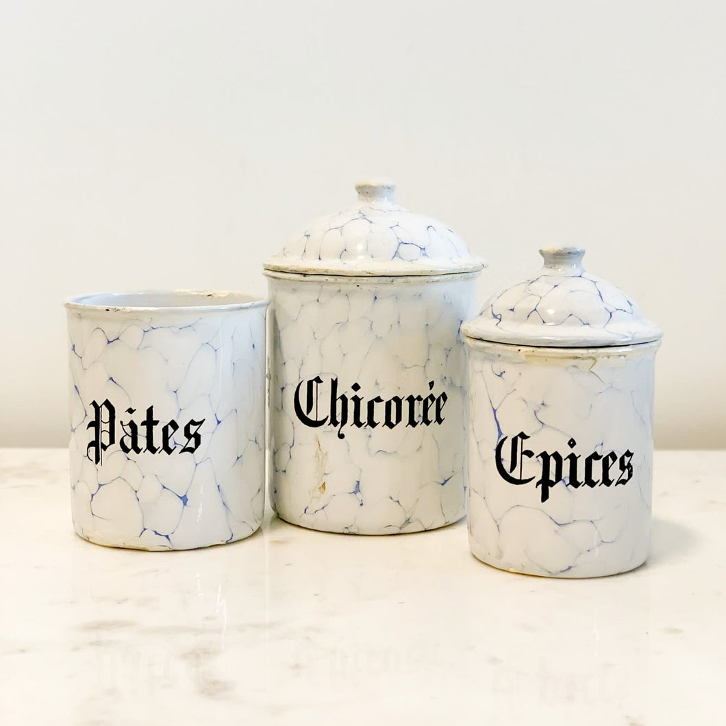 Set of 3 Antique French Enamel Spice Containers